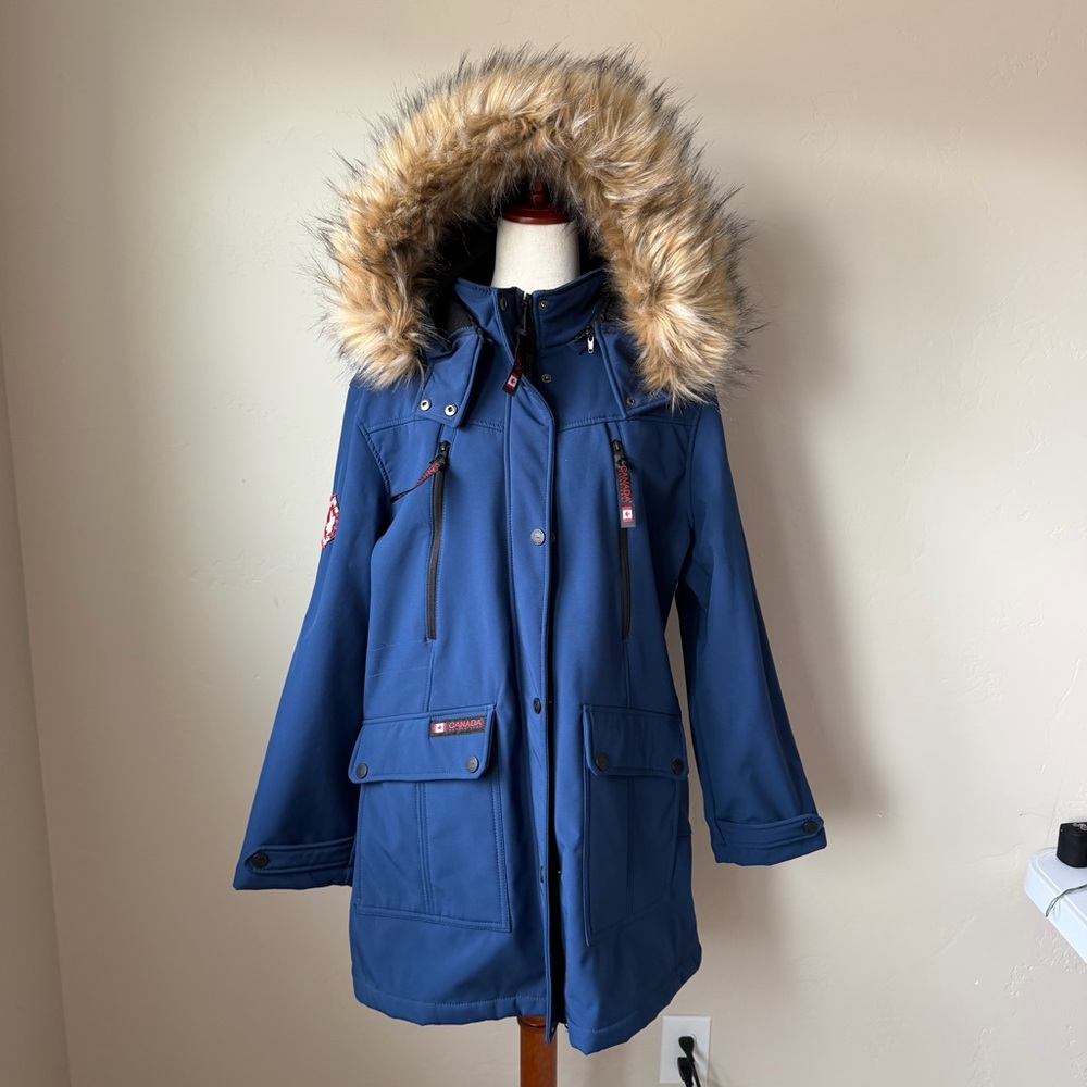 Canada Weather Gear Anorak Jacket Women 1X Blue Hooded Softshell Coat Zip Fur